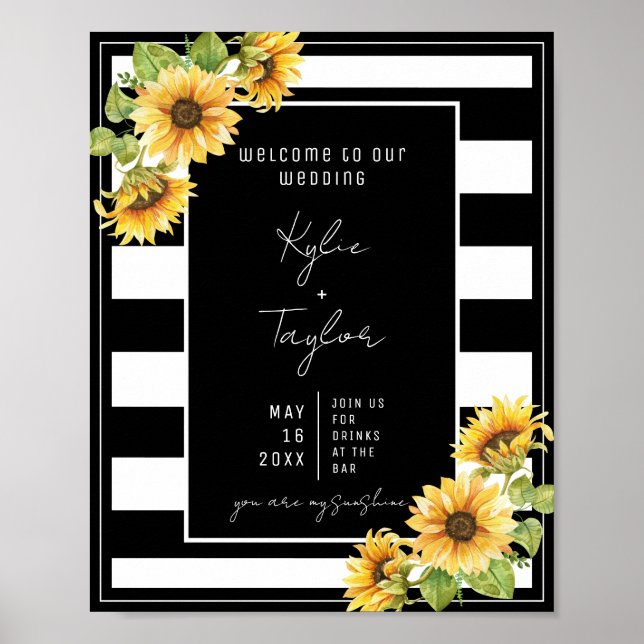 Poster Mariage de bande de tournesol noir et blanc Bienve (Devant)