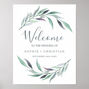 Poster Mariage de bienvenue à l'eucalyptus violet et vert