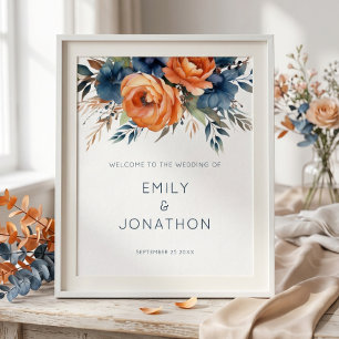 Poster Mariage de bienvenue floral marine brûlé orange im