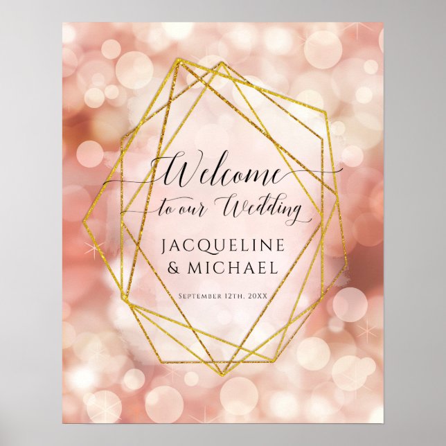 Poster Mariage de bienvenue géométrique Bokeh Rose Rose (Devant)