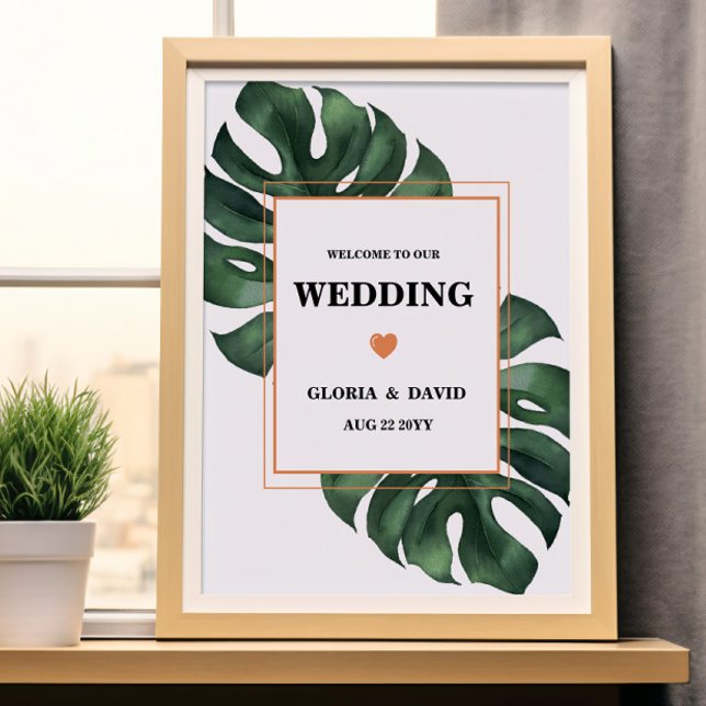 Poster Mariage de bienvenue pour la feuille Monstera vert (Créateur téléchargé)