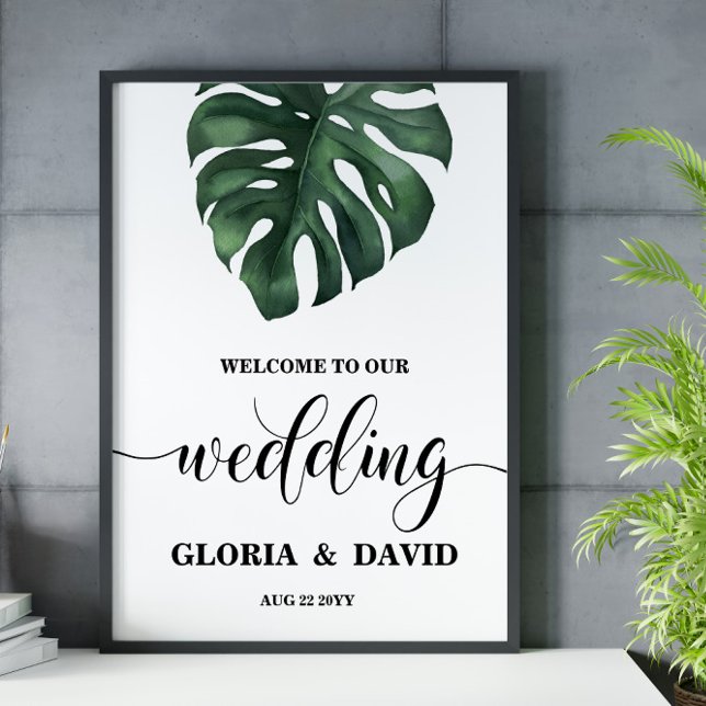Poster Mariage de bienvenue pour la feuille Monstera vert (Créateur téléchargé)