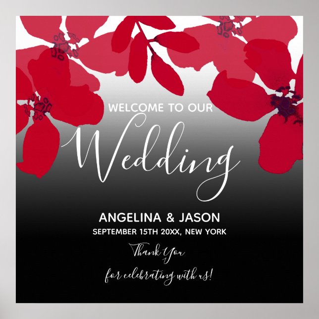 Poster Mariage de bienvenue rouge floral (Devant)