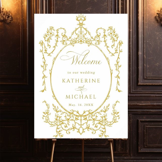 Poster Mariage de cadre Floral Victorien Or Bienvenue (Créateur téléchargé)