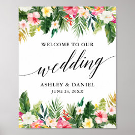 Poster Mariage de calligraphie florale tropicale Bienvenu