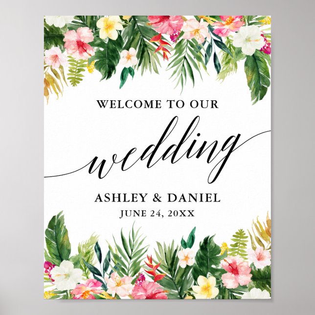 Poster Mariage de calligraphie florale tropicale Bienvenu (Devant)