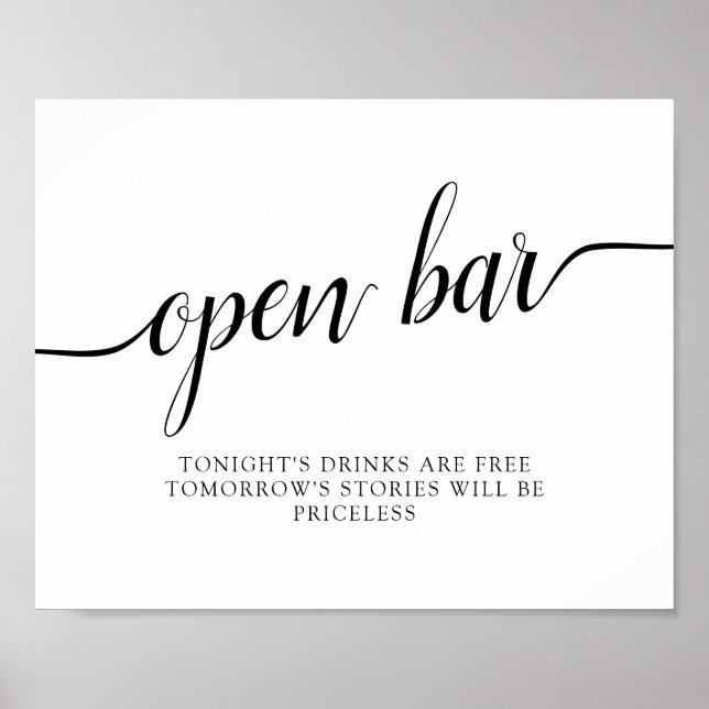 Poster Mariage de calligraphie noir et blanc "Open Bar" (Devant)