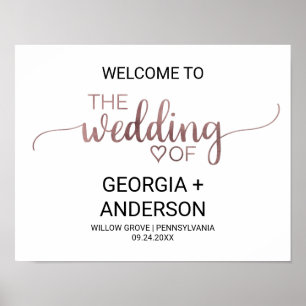 Poster Mariage de calligraphie or Rose simple Bienvenue