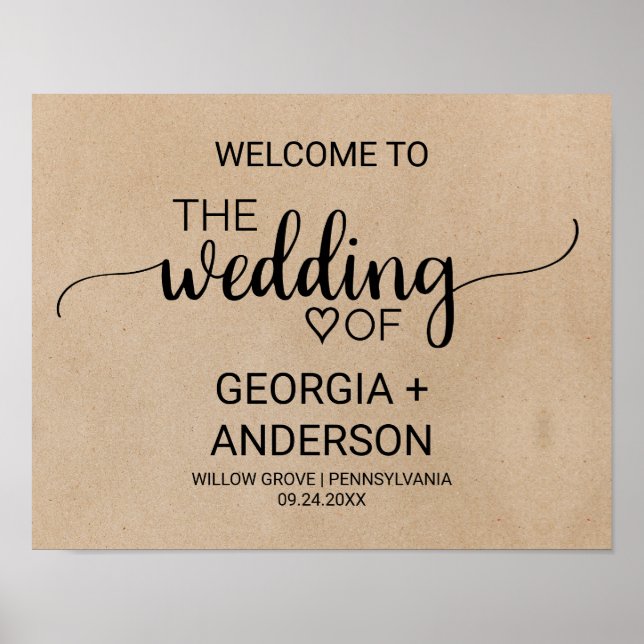 Poster Mariage de calligraphie simple Faux Kraft Bienvenu (Devant)