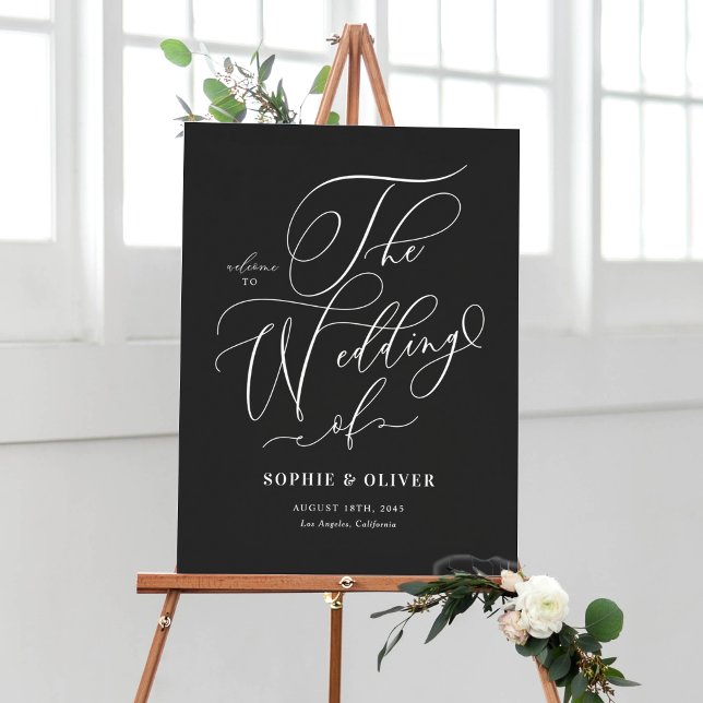Poster Mariage de calligraphie Whimsical Noir Bienvenue (Customizable Black and White Whimsical Calligraphy Wedding Welcome Sign)