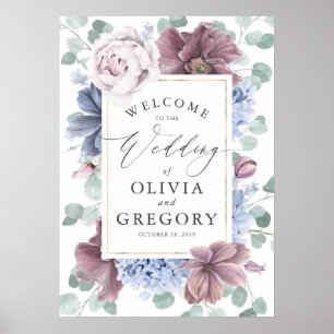 Poster Mariage de couronnes florales bleu mauve et Dusty