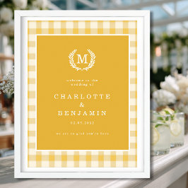 Poster Mariage de crête de monogramme En vichy jaune Bien