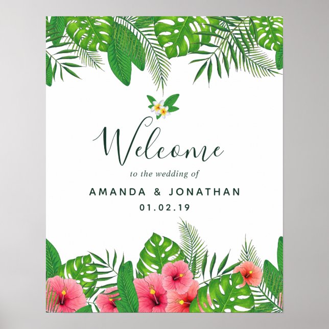 Poster Mariage de feuillage tropical aquarelle Bienvenue (Devant)