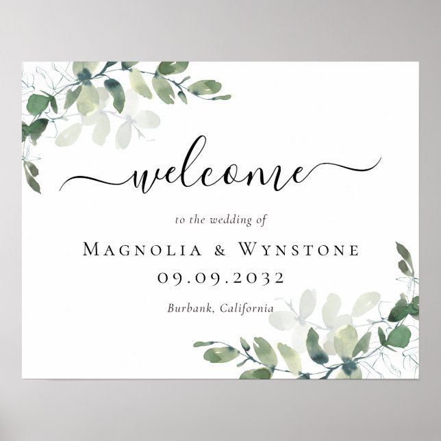 Poster Mariage de feuillage vert Eucalyptus Bienvenue (Devant)