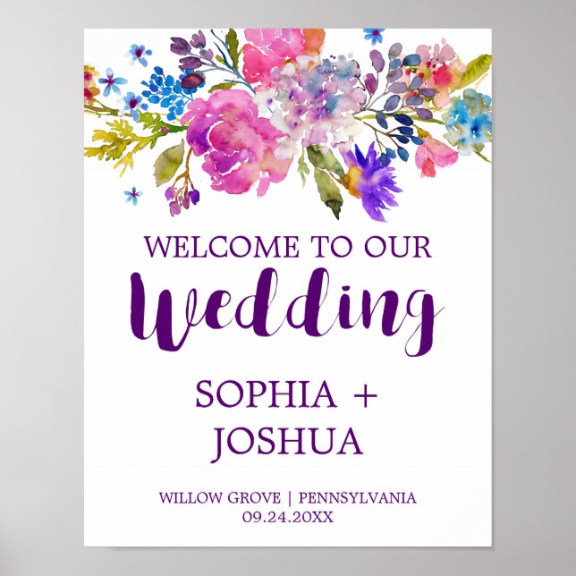 Poster Mariage de fleurs d'aquarelle violet et rose (Devant)