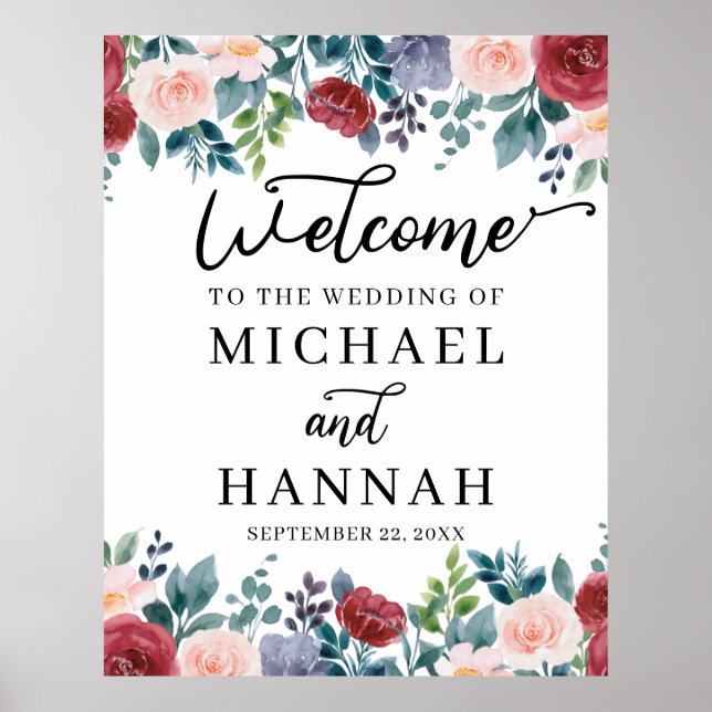 Poster Mariage de fleurs de maroon Blush Bienvenue (Devant)