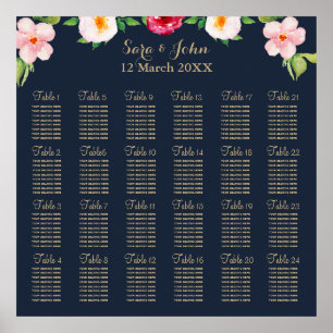 Poster mariage de fleurs marine et or aquarelle