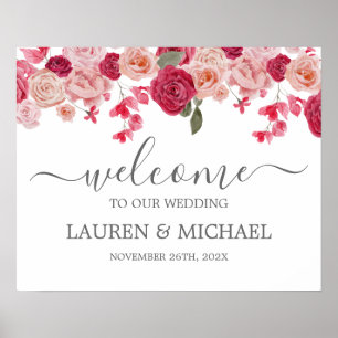 Poster Mariage de fleurs rose magenta Panneau de bienvenu