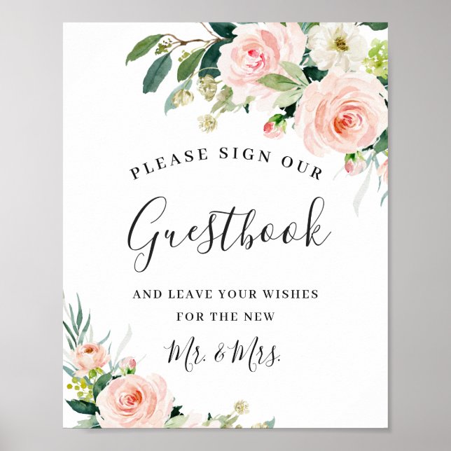 Poster Mariage de fleurs roses blanches signe notre livre (Devant)