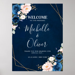 Poster Mariage de la Marine Blue Blush Rose Florals Bienv