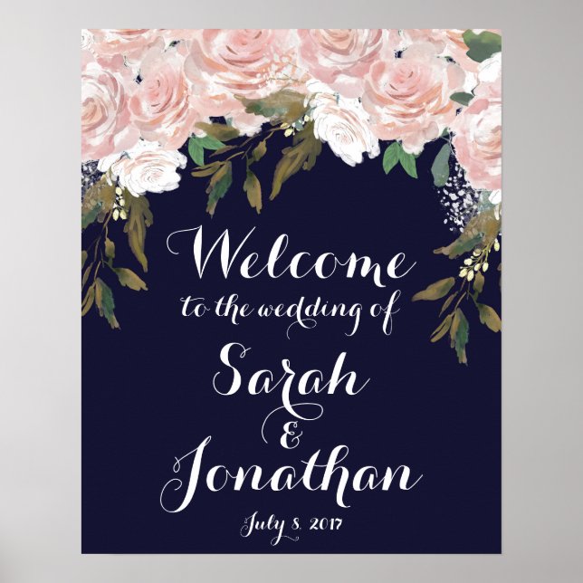 Poster Mariage de la marine signe de bienvenue fleurs ros (Devant)