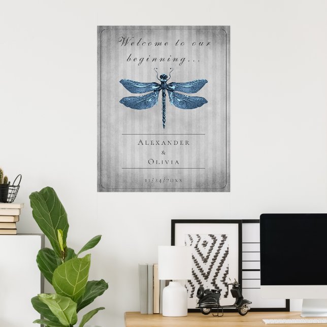 Poster Mariage de libellules à bijoux bleu Bienvenue (Bureau à domicile)