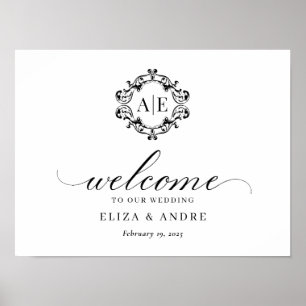 Poster Mariage de monogramme de crête noire et blanche an