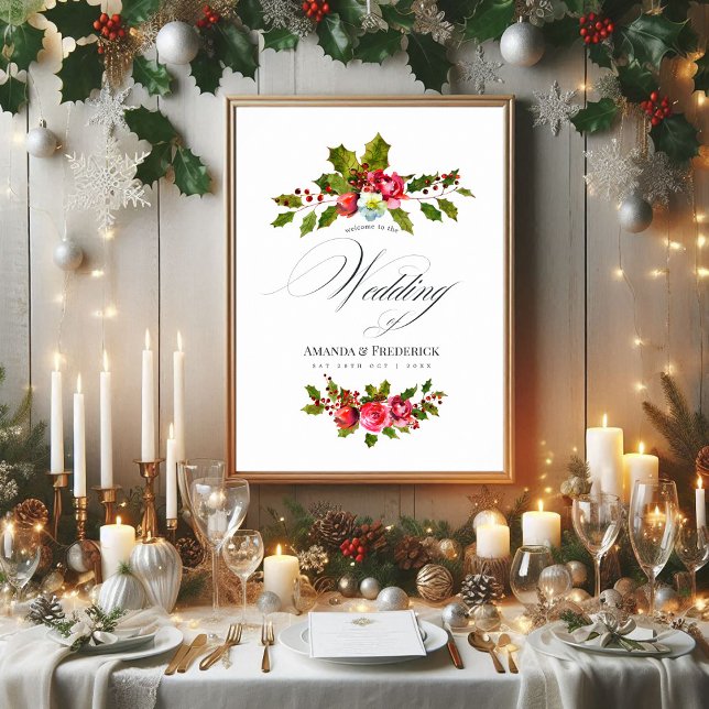 Poster Mariage de Noël Floral Holly Aquarelle Bienvenue (Christmas Wedding Floral Holly Watercolor Welcome Poster)