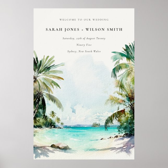 Poster Mariage de palmiers tropicaux de plage (Devant)