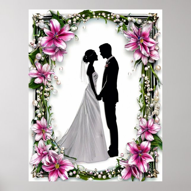 Poster Mariage de silhouettes de mariée et de chambre enc (Devant)