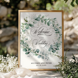 Poster Mariage de stylo Neutre Élégant Wreath vert