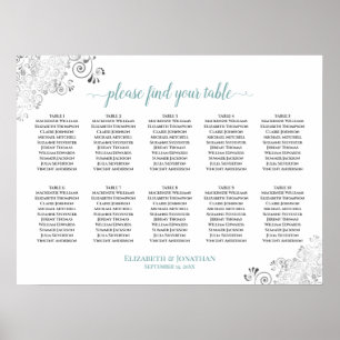 Poster Mariage de table 10 encadré blanc & Turquoise