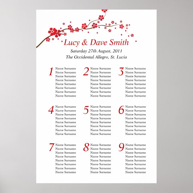 Poster Mariage de table rouge Plan d'assise (Devant)