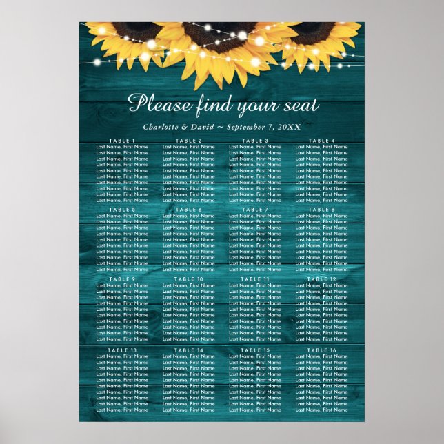 Poster Mariage de tournesol turquoise Plan de table 16 (Devant)