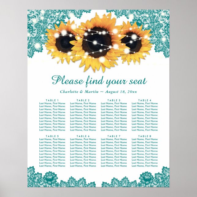 Poster Mariage de tournesol Turquoise rustique Graphique  (Devant)