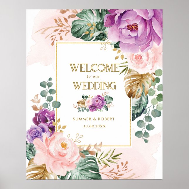 Poster Mariage de verdure florale tropicale violette (Devant)