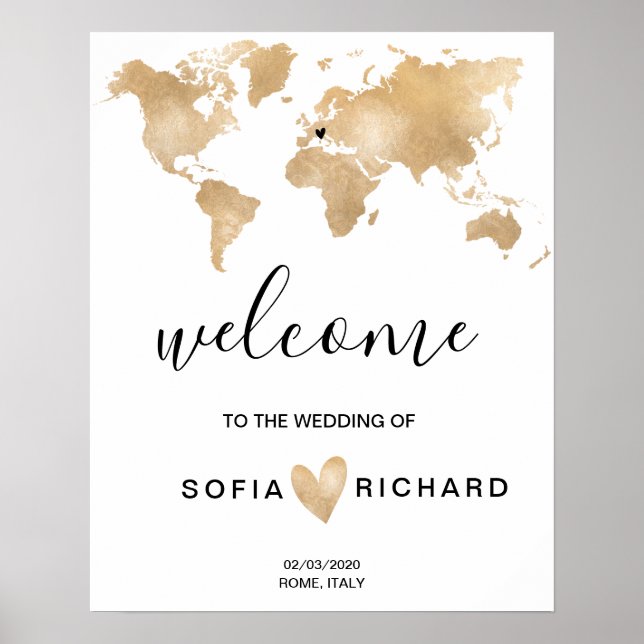 Poster Mariage Destination World Map Gold Removable Heart (Devant)