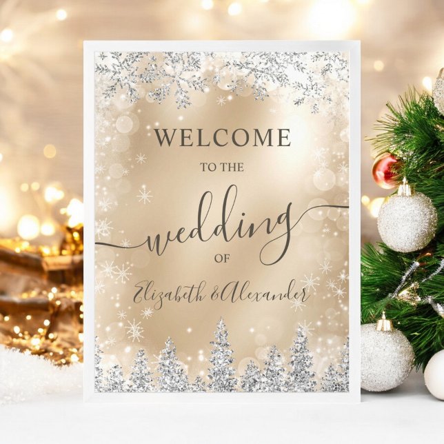 Poster Mariage d'hiver de Noël en pin d'argent (Silver snow pine gold Christmas winter wedding Poster)