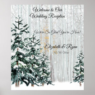 Poster Mariage d'hiver Pins Arbres Neige Étincelles Poste