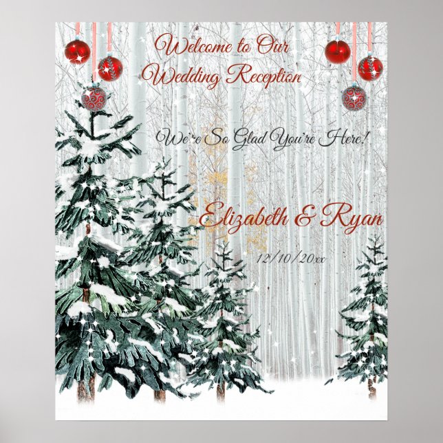Poster Mariage d'hiver Pins Arbres neige Étoiles étincela (Devant)