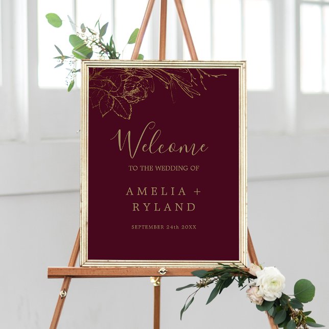 Poster Mariage doré Floral Bourgogne Or (Gilded Floral Burgundy Gold Wedding Welcome Poster)