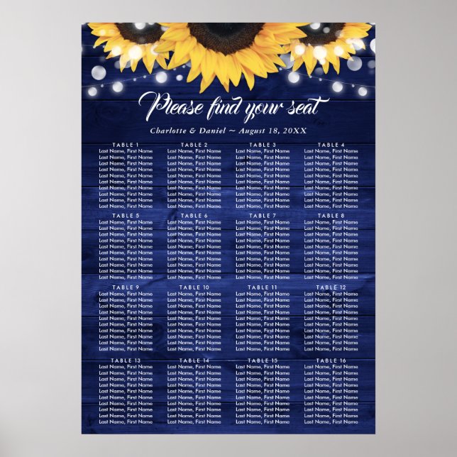 Poster Mariage du tournesol bleu de la Marine Plan de tab (Devant)