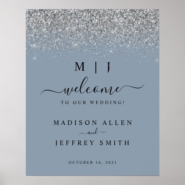 Poster Mariage Dusty Blue & Silver Parties scintillant Af (Devant)