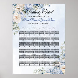 Poster Mariage Dusty Blue Watercolor Fleurs d'ivoire Feui