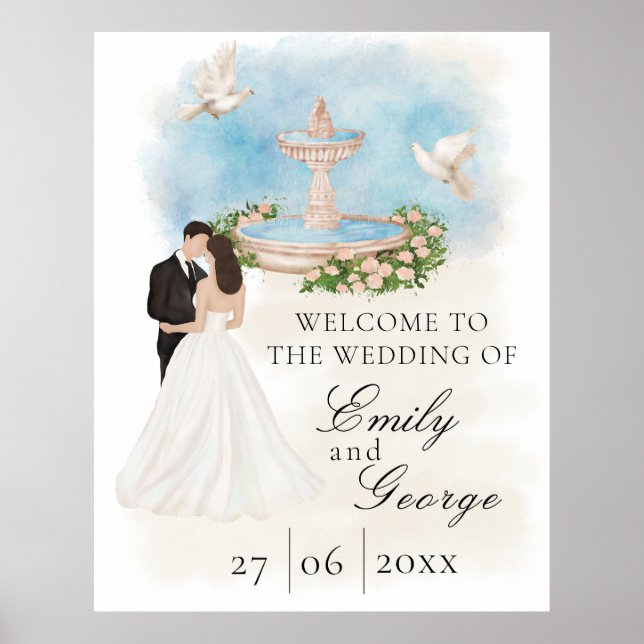 Poster Mariage élégant avec mariée et mariée Foutain (Devant)