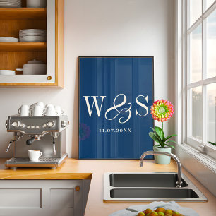 Poster Mariage élégant bleu marine initiales couple