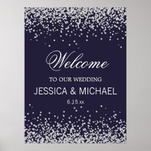 Poster Mariage élégant bleu marine paillettes argent scin