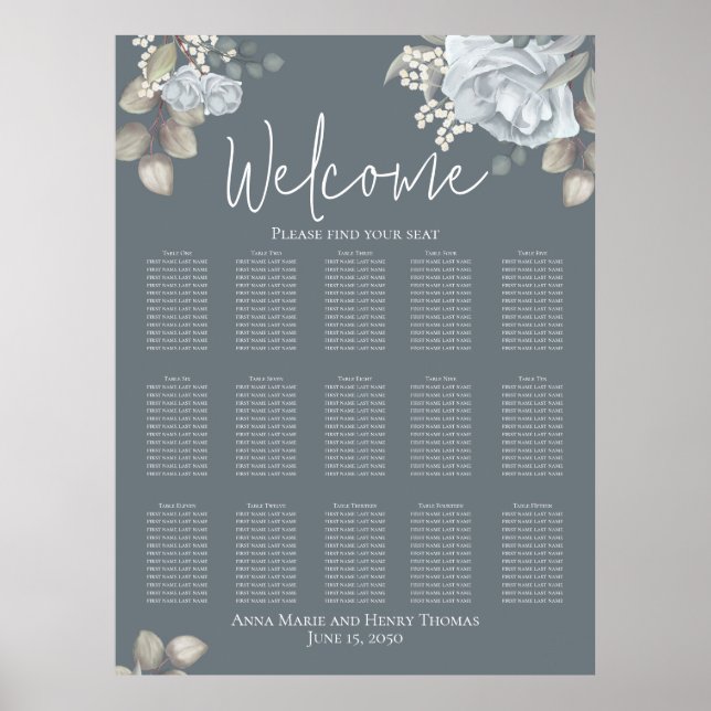 Poster Mariage Élégant Floral Roses Aquarelle Bleu (Devant)