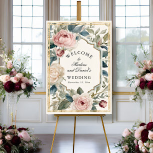 Poster Mariage élégant Pony Floral Rose et Or Français