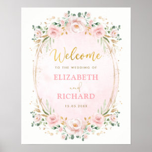 Poster Mariage Élégant Rose Pâle et Or Couronne Fleurie d